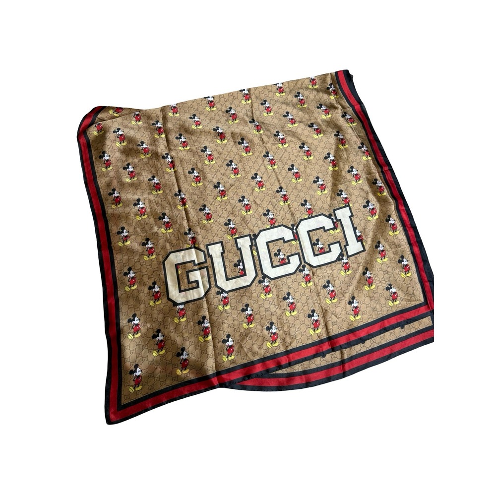 Gucci x Disney Mickey Mouse Silk Scarf GG Monogram Large Shawl Brown 70x30 - Picture 3 of 6